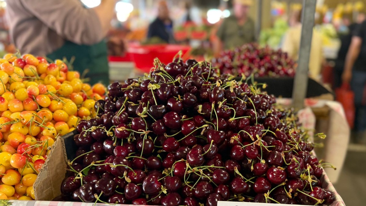 Imaginea surprinde o tarabă dintr-o piață agroalimentară încărcată cu cireșe proaspete, în nuanțe intense de roșu și galben, expuse pentru vânzare. În prim-plan se observă un morman generos de cireșe negre, în timp ce în fundal se disting cumpărători și alte standuri cu fructe de sezon.