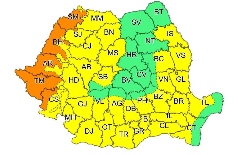 Zonele aflate sub avertizare meteo de cod portocaliu și cod galben