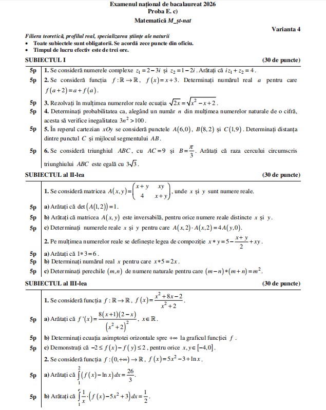 Subiecte Matematică BAC 2026, sesiunea de toamnă. Ce le-a picat elevilor la proba obligatorie a profilului la Bacalaureat