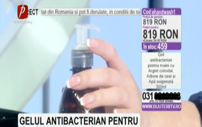 Paginademedia.ro: Teleshopping cu iz de speculă cu gel antibacterian la un post TV. Prezentatoatea nu a prezentat nicio dovadă științifică pentru așa-zisul „produs minune”
