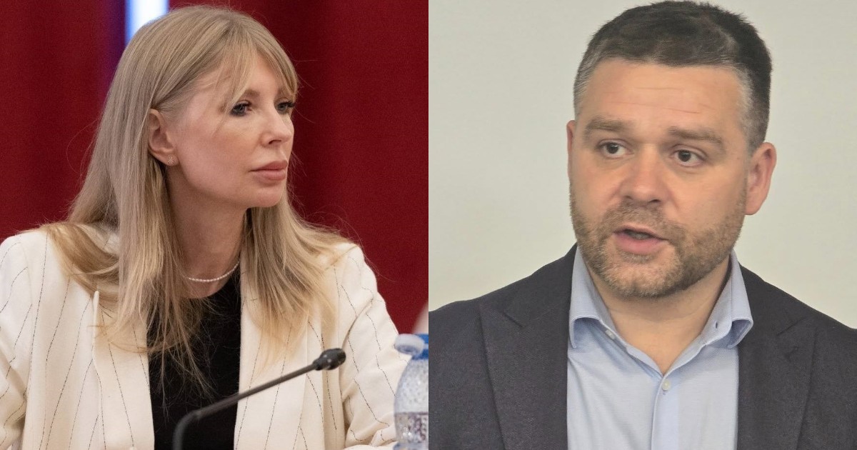 Un colaj cu Ciprian Ciucu și Viorica Stoiciu, senatoarea PSD poartă un sacou alb și privește într-o parte, iar el este îmbrăcat într-un costum gri