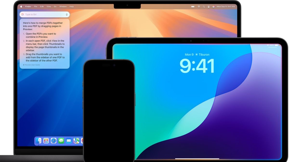 Un laptop MacBook Pro, un iPhone și un iPad, unele lângă celelalte pentru o poză sugestivă cu Apple Intelligence.