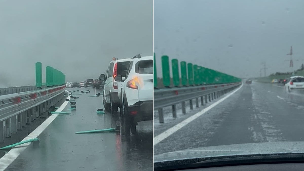 Furtună pe Autostrada A1 Pitești-Curtea de Argeș: A căzut grindină, iar panourile antiorbire au fost smulse și aruncate pe stradă