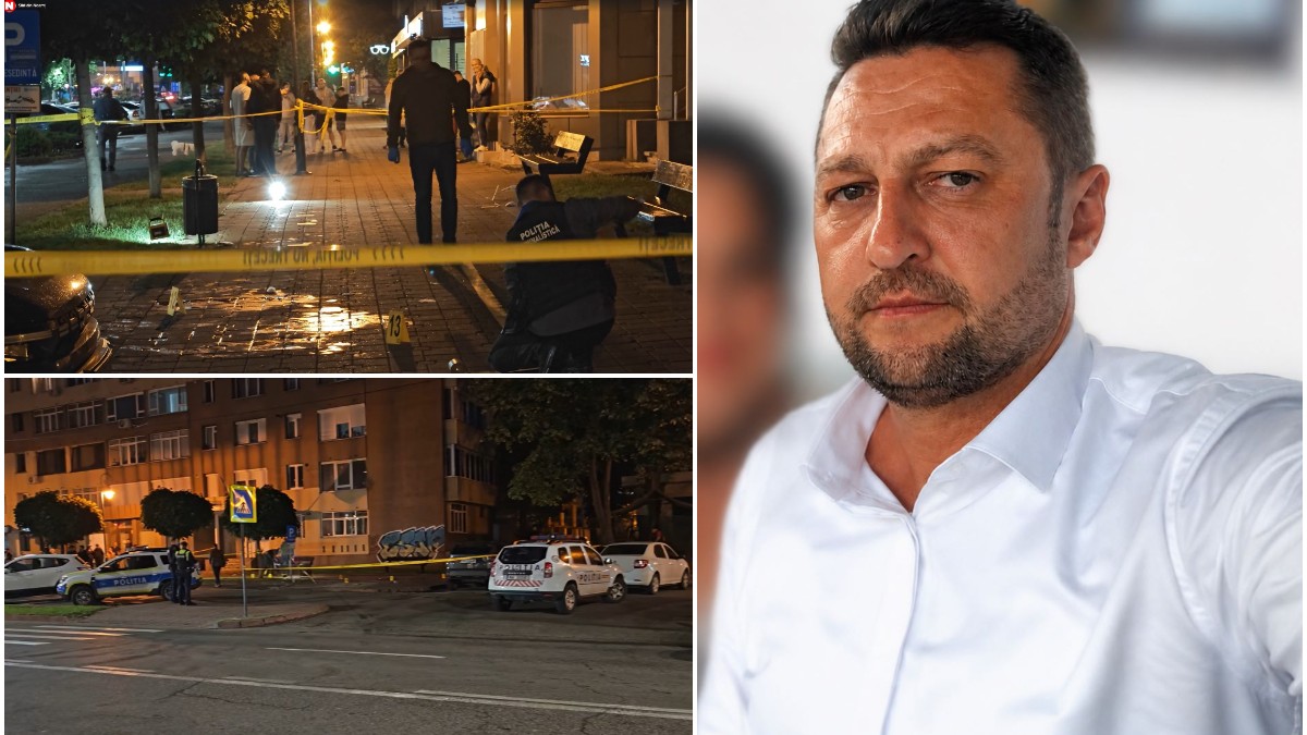 Colaj ce conține în partea dreaptă portretul unui bărbat în cămașă albă, iar în partea stângă două cadre nocturne cu o scenă de investigație criminalistică delimitată de benzi galbene și mașini de poliție.