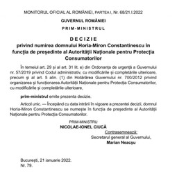 Horia Constantinescu, noul președinte al ANPC. Captură: Monitorul Oficial