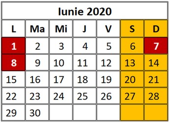 Calendar zile libere iunie 2020. În iunie 2020 sunt 3 zile libere de la stat