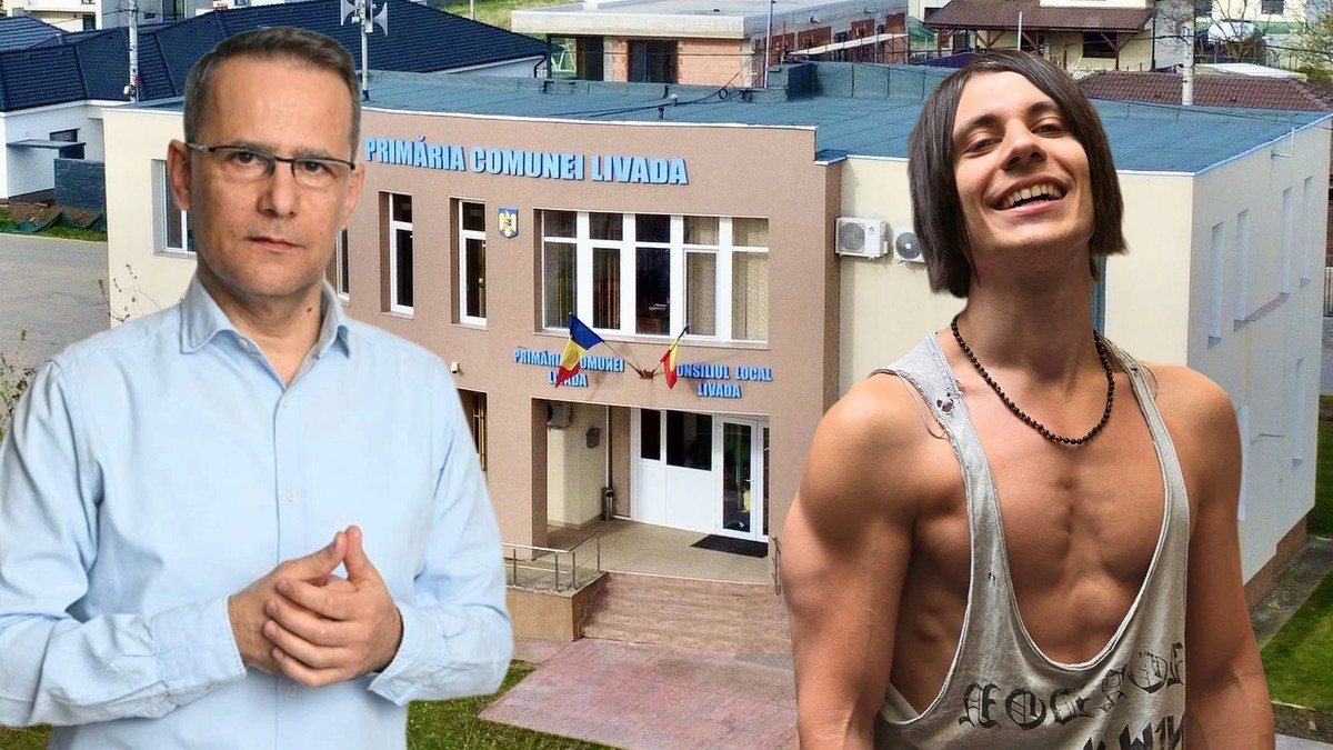 Un colaj cu doi barbati avand in fundal cladirea unei primarii