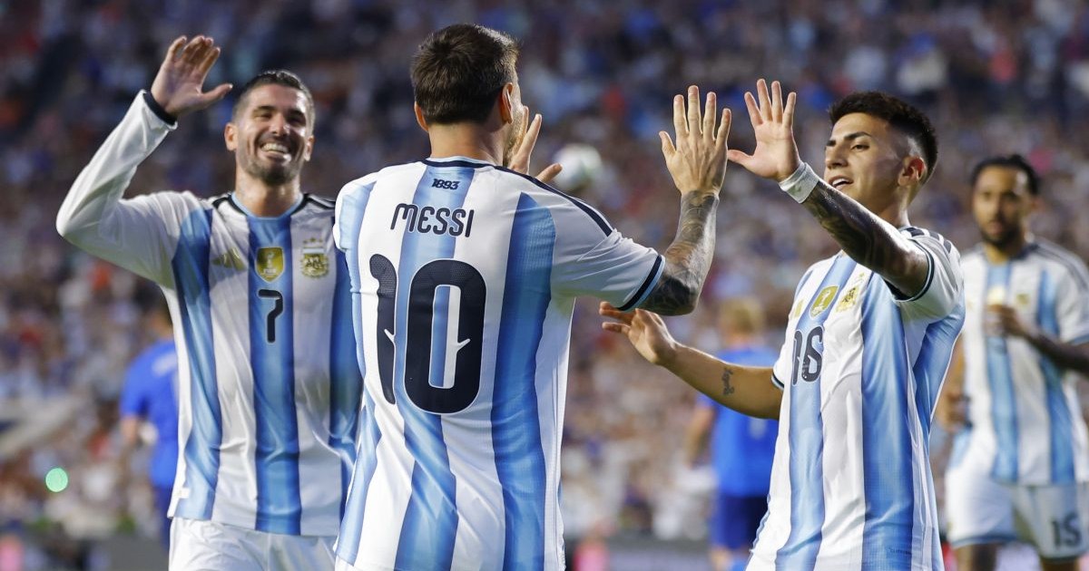 AUBURN, ALABAMA - JUNE 09: Thiago Almada of Argentina celebrates with Lionel Messi and Rodrigo De Paul after scoring the team's third goal during the international friendly match between Argentina and Iceland at Jordan-Hare Stadium on June 09, 2026 in Auburn, Alabama. (Photo by Todd Kirkland/Getty Images)
