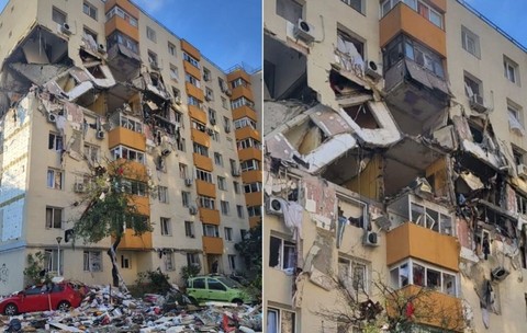 Colaj cu două fotografii în care apare blocul distrus de o explozie, în cartierul Rahova din București, pe 17 octombrie 2025.