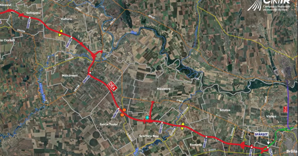 Harta proiectată de CNIR (Compania Națională de Investiții Rutiere) care ilustrează traseul complet al drumului expres Focșani-Brăila. Vizualul este de tip satelit, suprapus cu marcaje grafice de culoare roșie pentru a evidenția axul drumului.