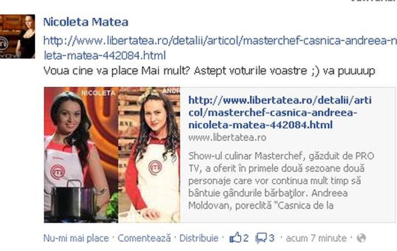 "NOUA CASNICĂ" de la MASTERCHEF vrea să-şi învingă predecesoarea! Le cere admiratorilor voturi în SONDAJUL LIBERTATEA.RO!
