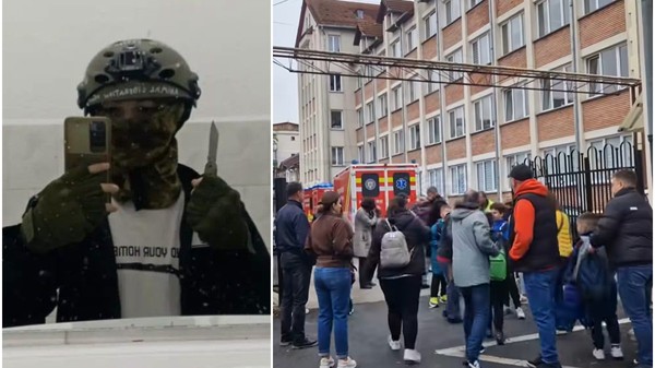 Colaj din două cadre: în stânga, o persoană care își face un selfie purtând o cască tactică militară, mască de camuflaj și ținând un cuțit, iar în dreapta, o mulțime de oameni adunați în fața unei școli lângă o ambulanță parcată.