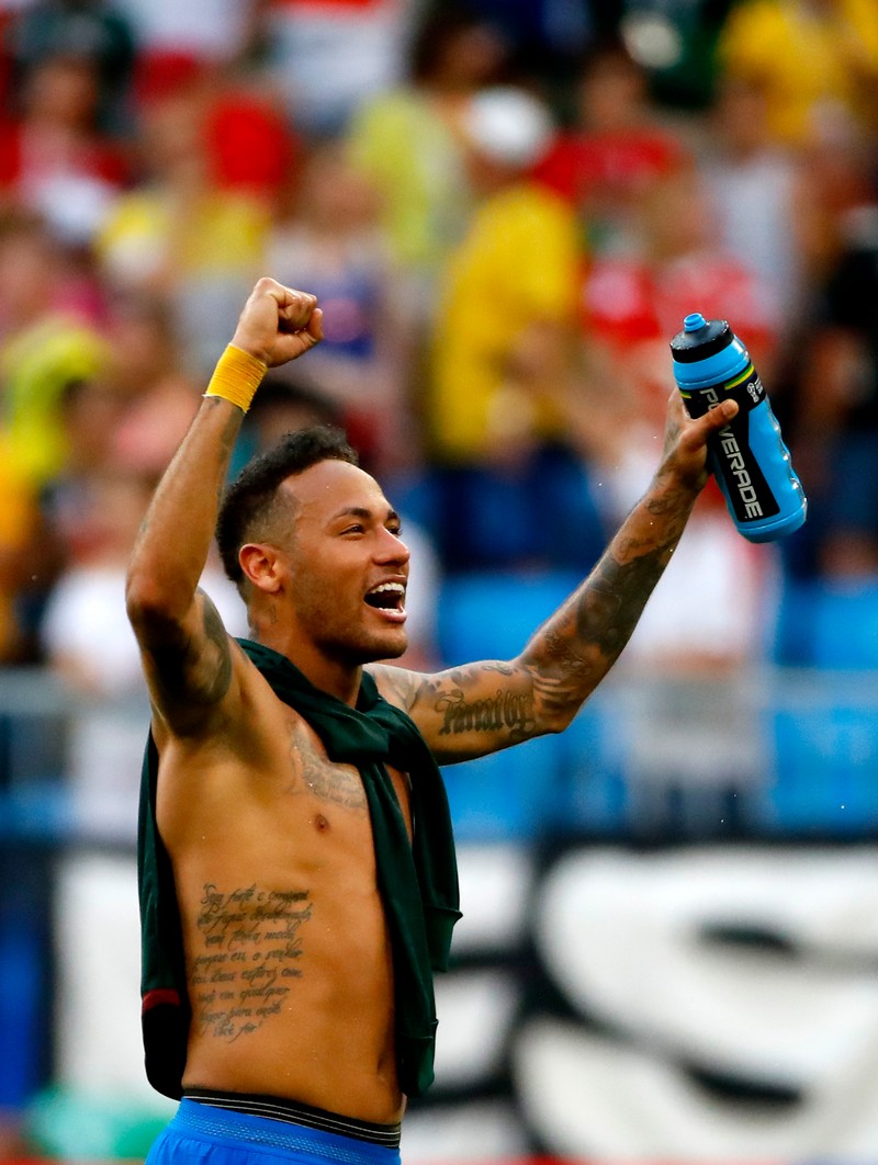 epa06858494 Neymar of Brazil celebrates winning the FIFA World Cup 2018 round of 16 soccer match between Brazil and Mexico in Samara, Russia, 02 July 2018. (RESTRICTIONS APPLY: Editorial Use Only, not used in association with any commercial entity - Images must not be used in any form of alert service or push service of any kind including via mobile alert services, downloads to mobile devices or MMS messaging - Images must appear as still images and must not emulate match action video footage - No alteration is made to, and no text or image is superimposed over, any published image which: (a) intentionally obscures or removes a sponsor identification image; or (b) adds or overlays the commercial identification of any third party which is not officially associated with the FIFA World Cup) EPA-EFE/DIEGO AZUBEL EDITORIAL USE ONLY
