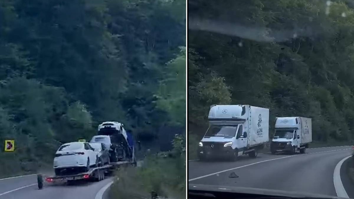 Colaj cu două cadre surprinse pe Valea Oltului. În stânga, o platformă încărcată cu autoturisme circulă pe șosea, iar o roată desprinsă se vede pe carosabil, în apropierea sensului opus. În dreapta, două autoutilitare albe se apropie din sens contrar, pe un sector de drum mărginit de pădure.