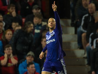 epa05917913 Anderlecht's Sofiane Hanni celebrates scoring the 1-1 goal during the UEFA Europa League quarter final , second leg, soccer match between Manchester United and RSC Anderlecht at Old Trafford in Manchester, Britain, 20 March 2017. EPA/PETER POWELL