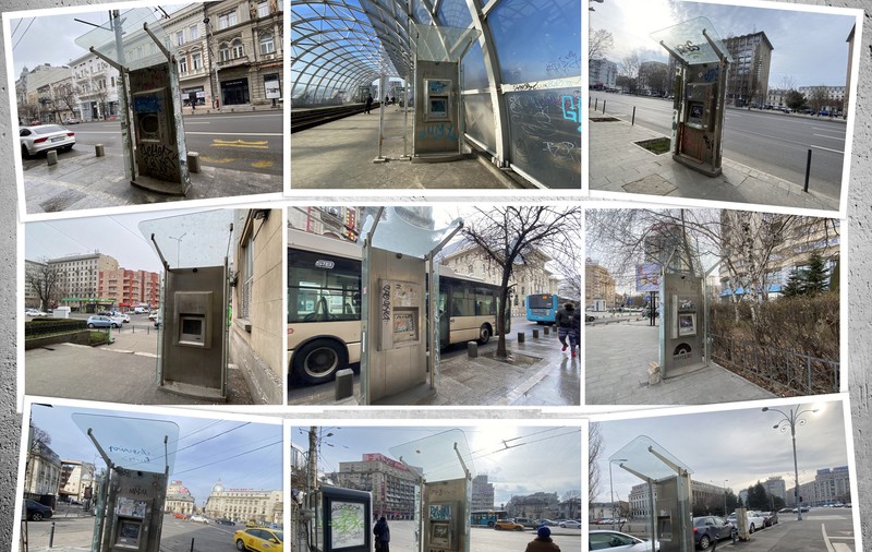 De 9 ani, chioșcurile informative de 400.000 de euro, care au funcționat doar câteva luni, zac vandalizate și inutile în centrul Bucureștiului