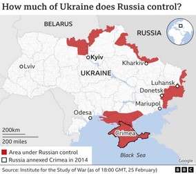 Zonele din Ucraine care sunt controlate de trupele ruse Grafic: BBC