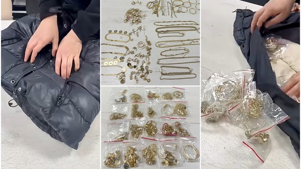 Colaj de cadre ce prezintă numeroase bijuterii din aur, expuse atât direct, cât și ambalate în punguțe din plastic, alături de o jachetă neagră în căptușeala căreia erau ascunse.