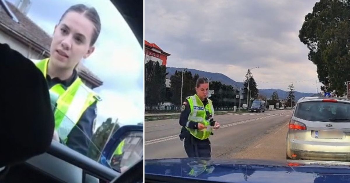 Colaj din două fotografii: în stânga, prim-plan cu polițista îmbrăcată în uniformă, lângă mașina oprită, cu geamul portierei șoferului deschis, iar în dreapta, polițista filmată din mașină când verifică numărul de înmatriculare al mașinii