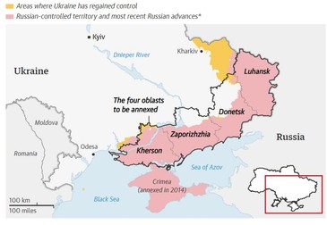 Zona galbenă este zona teritoriu recucerit de Ucraina/Zona roz este cea controlată de Rusia. Grafic The Guardian. Sursa: Institutul pentru Studiul Războiului