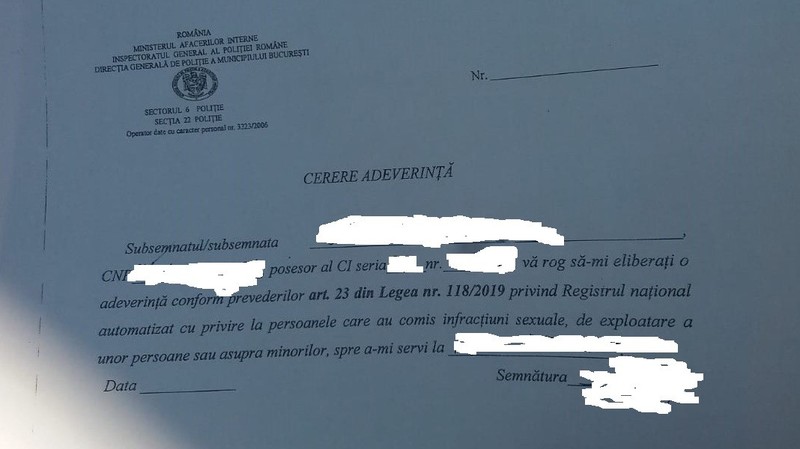 Cererea trimisă de un profesor la poliție pentru a primi adeverință, conform prevederilor Legii privind Registrul Național al persoanelor care au comis infracțiuni sexuale