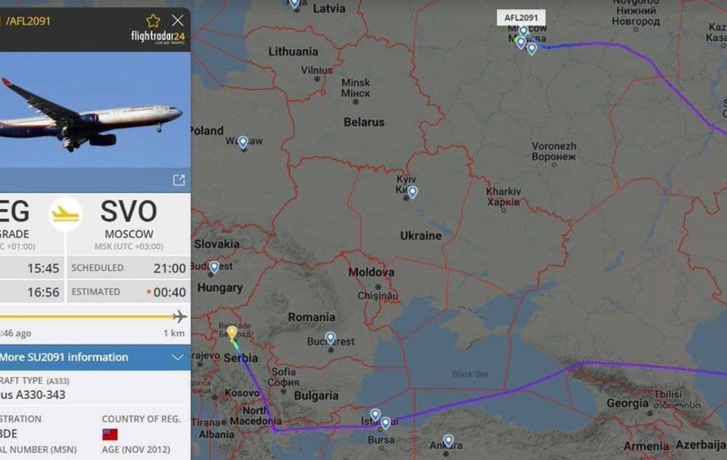 Zborul Belgrad-Moscova, de trei ori mai lung. Traseul urmat de un avion civil rus după interdicția pusă de România