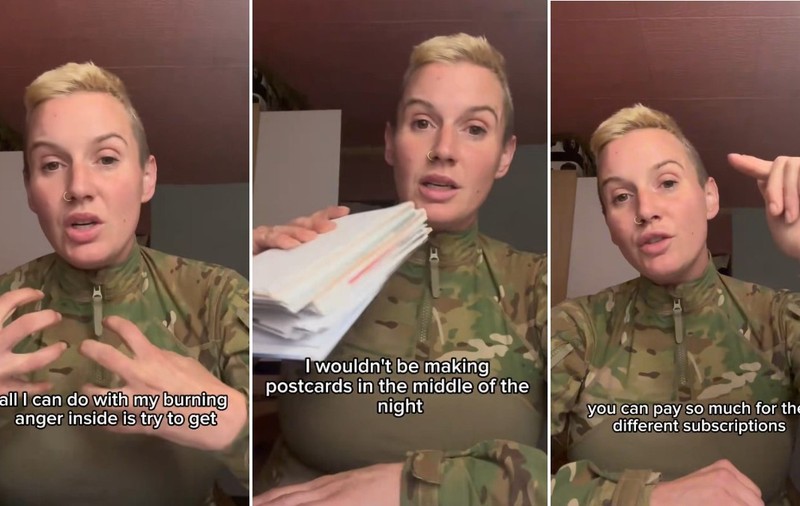 Colaj format din trei cadre ce prezintă o femeie cu părul scurt și blond, îmbrăcată într-o jachetă tactică cu camuflaj militar, vorbind în fața camerei și arătând un pachet de ilustrate/scrisori, pe imagini fiind suprapuse subtitrări în limba engleză.   