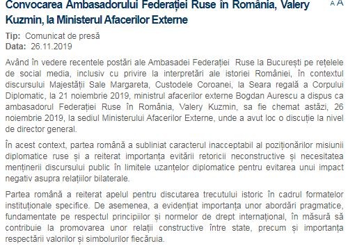 Comunicatul MAE despre convocarea ambasadorului Rusiei