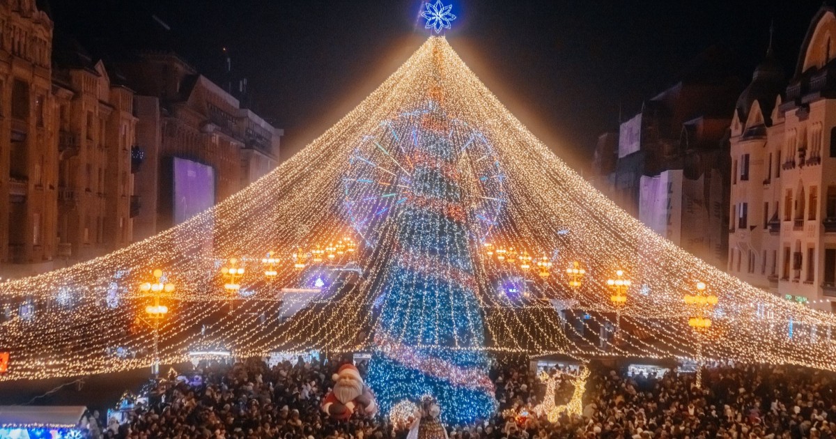 Imaginea surprinde atmosfera de sărbătoare de la Târgul de Crăciun din Timișoara, cu un brad din luminițe.