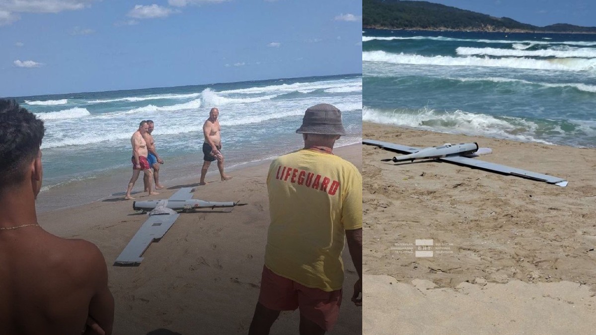 O dronă pe o plaja din Bulgaria, mai multi barbati si un salvamar se uită la drona adusa la mal de valuri