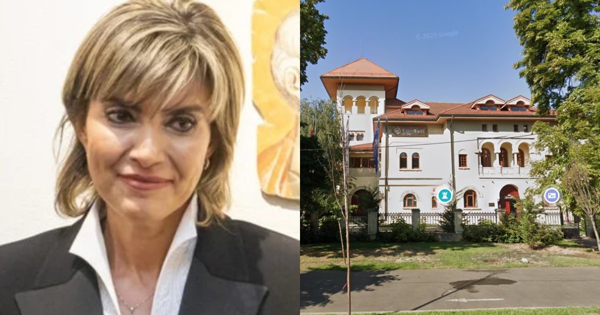 Maria Monica Peterson, înmbrăcată cu un sacou negru și o cămașă albă, în timp ce primește distincția de la Patriarhul Daniela și sediul EximBank din centrul Bucureștiului