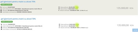 Cele două oferte idenctice din SEAP pentru gel dezinfectant