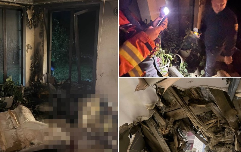Colaj cu trei imagini ce arată pagubele grave produse într-o locuință, inclusiv interiorul distrus al unei camere, echipaj de intervenție inspectând noaptea și un tavan prăbușit.