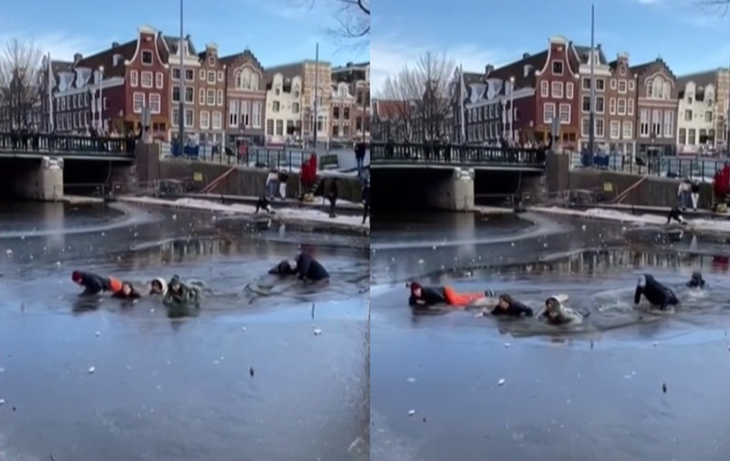 VIDEO | Salvați de trecători, după ce gheața subțire a cedat sub ei. Momentele tensionate prin care au trecut mai mulți patinatori din Amsterdam