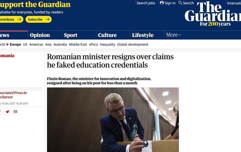 The Guardian și Washington Post: „Al treilea articol al ziarului românesc Libertatea a dus la demisia ministrului acuzat de falsificarea CV-ului”