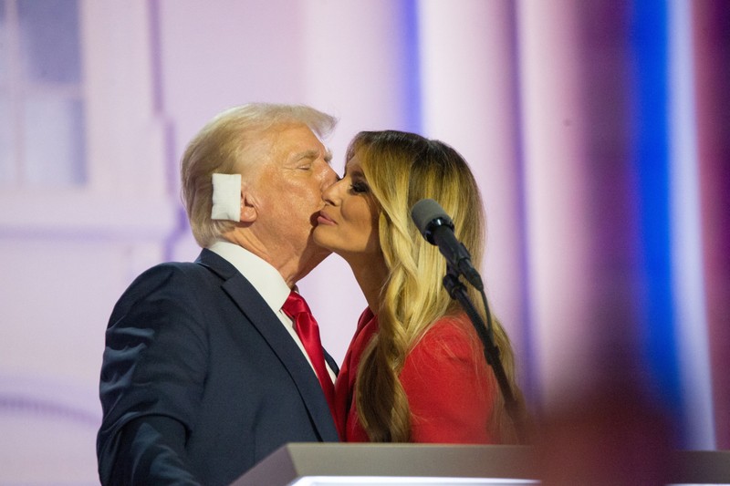 MILWAUKEE, WISCONSIN - JULY 18: Former US President Donald Trump, center, and former First Lady Melania Trump during the Republican National Convention (RNC) at the Fiserv Forum in Milwaukee, Wisconsin, US, on Thursday, July 18, 2024. Jacek Boczarski / Anadolu/ABACAPRESS.COM