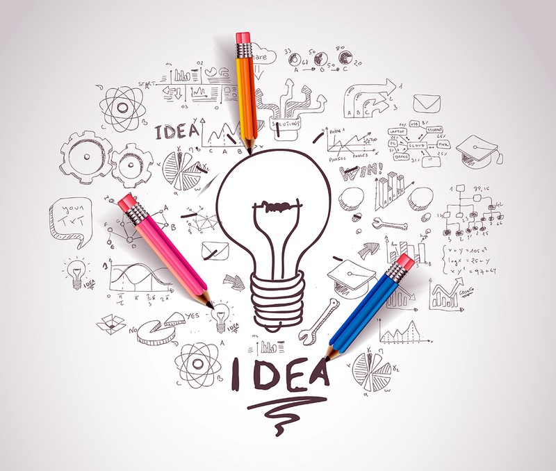 idea concept with light bulb and doodle sketches infographic icons.
