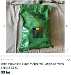 O rație individuală de luptă a Armatei Române, cu o greutate de 2,6 kilograme, a fost scoasă la vânzare pe internet pentru 99 de lei. Anunțul a fost publicat pe 14 octombrie 2026. Sursă foto: captură OLX