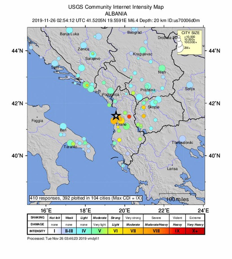 epa08025756 A handout intensity map made available by the United States Geological Survey shows the location of a magnitude 6.4 earthquake which struck at 3:54 am local time, at a depth of 20km, around 30 km from the capital city of Tirana, Albania, 26 November 2019. There were no immediate reports of damage or casualties. EPA-EFE/USGS / HANDOUT HANDOUT EDITORIAL USE ONLY/NO SALES