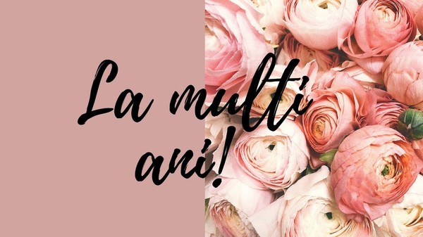 Mesaje de Sfânta Ana - Imagine cu flori roze, pe care scrie cu negru La mulți ani!