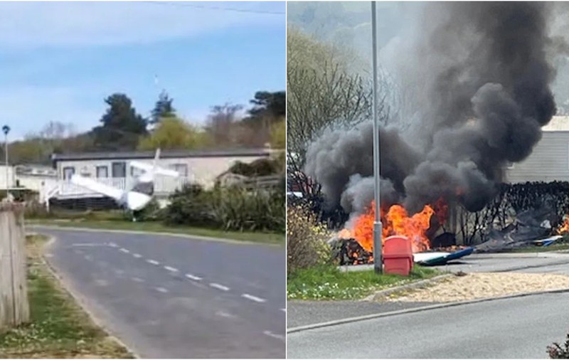 Momentul în care un avion cade din cer într-un parc de vacanță britanic și explodează în flăcări