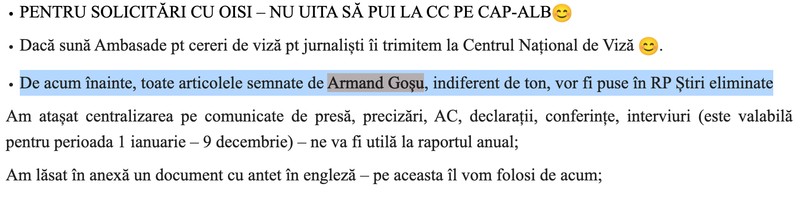 Extras din documentul scăpat în presă de biroul de presă al MAE