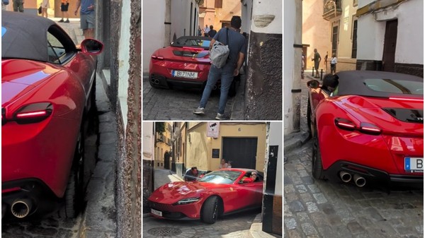 Colaj de patru cadre ce surprind un Ferrari roșu blocat pe o stradă extrem de îngustă cu pavaj din piatră cubică.