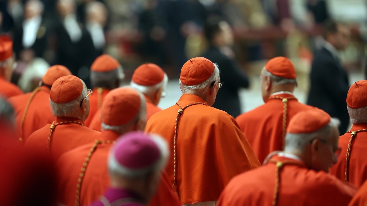 În imagine sunt ilustrați mai mulți cardinali, în costume roșii