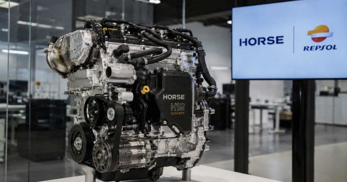 Imaginea prezintă motorul hibrid HORSE H12 Concept, dezvoltat de Horse Powertrain în colaborare cu Repsol, expus într-un centru de cercetare și dezvoltare. Propulsorul este proiectat pentru un consum de sub 3,3 litri la 100 km și poate funcționa cu combustibili regenerabili, fiind considerat una dintre cele mai eficiente soluții hibride aflate în dezvoltare.