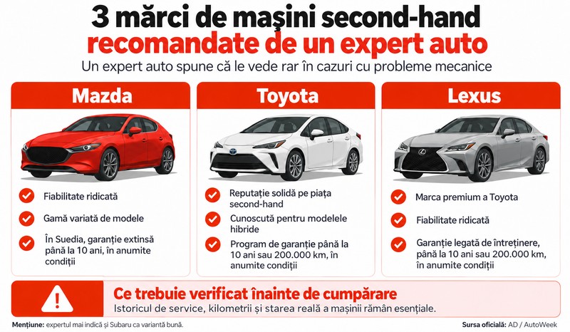 Cele mai fiabile mărci de mașini second-hand sunt Mazda, Toyota și Lexus, recomandate de un expert auto. Imagine realizată cu ajutorul Inteligenței Artificiale.