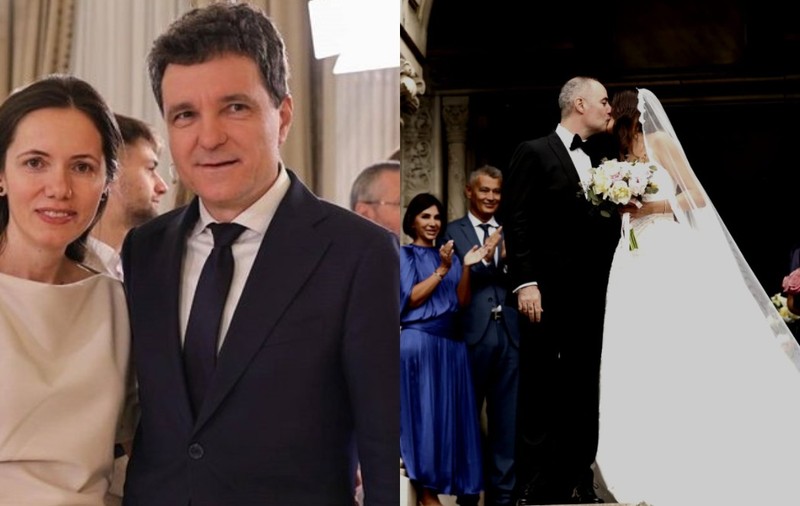 Colaj format din două fotografii: în imaginea din stânga este președintele Nicușor Dan alături de Mirabela Grădinaru, iar în imaginea din dreapta sunt Alexandra Nazare și soția lui, pe treptele bisericii, la nunta