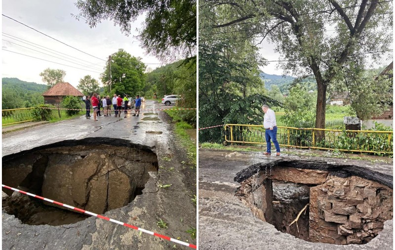 Crater uriaș pe un drum național în Maramureș, din cauza unui podeţ rupt de aluviuni