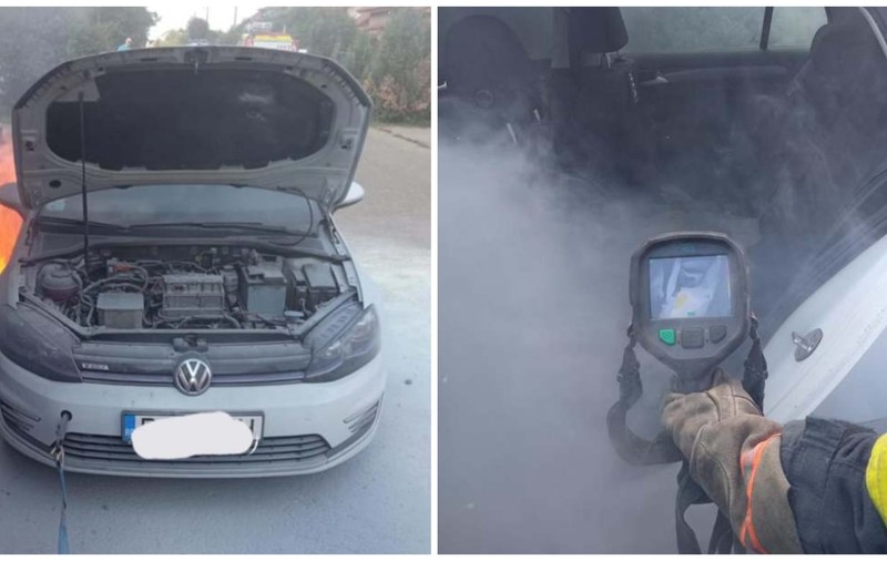 Incendiu la o mașină electrică din Timiș. Pompierii au răcit bateriile scufundând autoturismul în apă