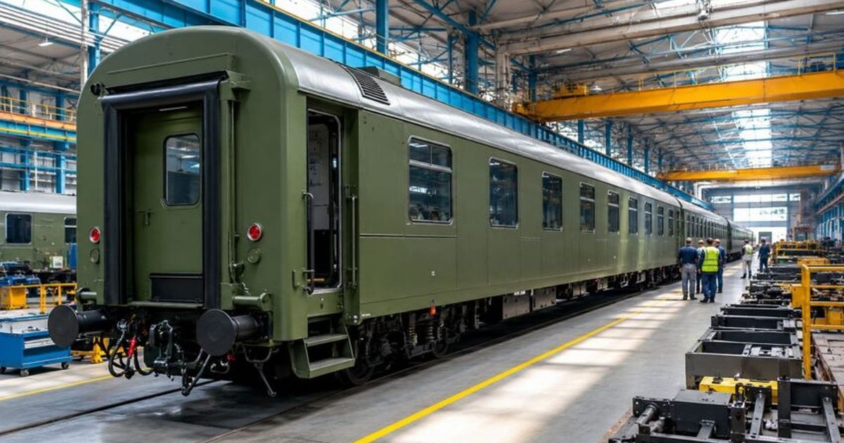 Vagoane militare pe linia de montare a Fabricii Astra Vagoane Călători din Arad, mai 2026